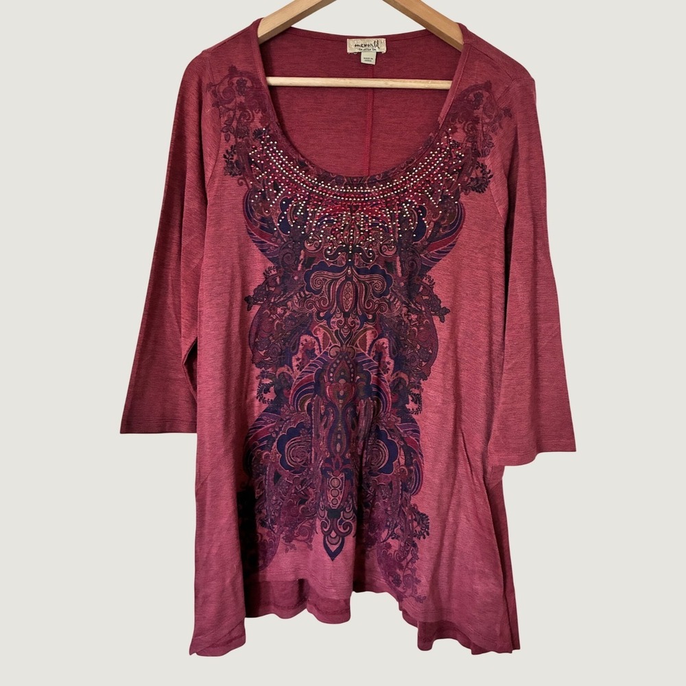 One World Fairycore Burgundy Paisley Rhinestone Tunic Top Grunge Large